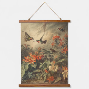 Vintage botanische Szene mit Kolibris und Blumen Wandteppich Mit Holzrahmen