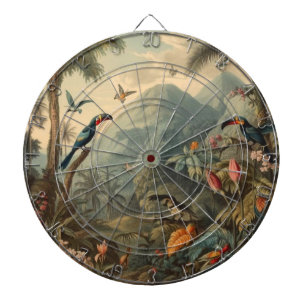 Vintage botanische Szene mit Papageien und Blumen Dartscheibe