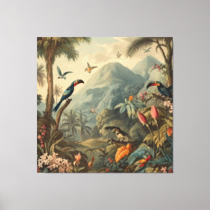 Vintage botanische Szene mit Tukanen und Blumen Leinwanddruck