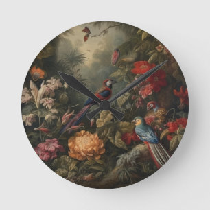 Vintage botanische Szene Vögel Blumen im Paradies Runde Wanduhr