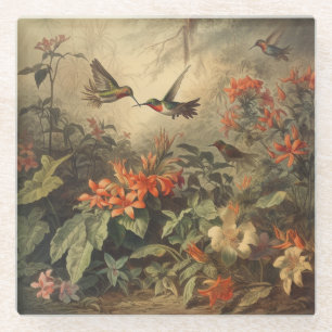 Vintage botanische Szene von Kolibris und Blume Glasuntersetzer