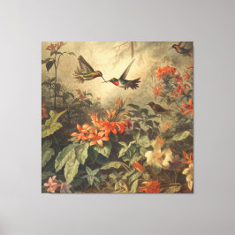 Vintage botanische Szene von Kolibris und Blume Leinwanddruck