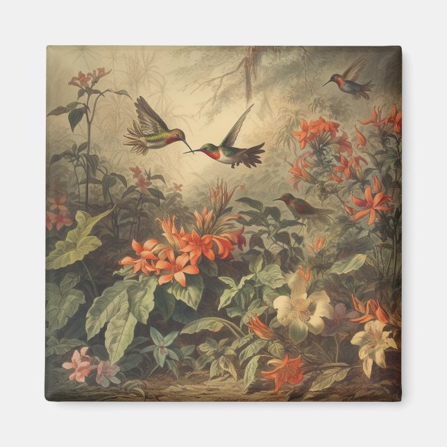 Vintage botanische Szene von Kolibris und Blume Magnet (Vorne)