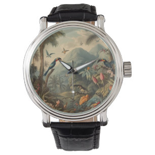 Vintage botanische Szene von Toucans und Blume Armbanduhr
