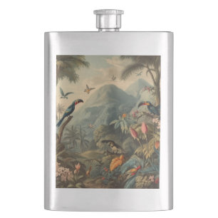 Vintage botanische Szene von Toucans und Blume Flachmann
