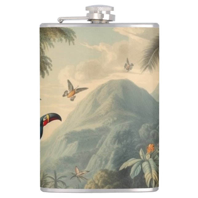 Vintage botanische Szene von Toucans und Blume Flachmann (Vorderseite)