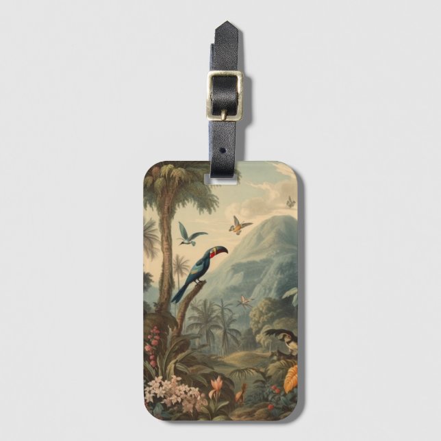 Vintage botanische Szene von Toucans und Blume Gepäckanhänger (Vorderseite Vertikal)