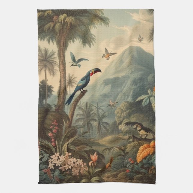 Vintage botanische Szene von Toucans und Blume Geschirrtuch (Vertikal)