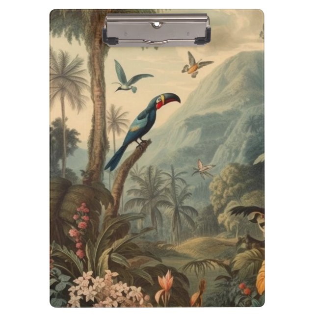 Vintage botanische Szene von Toucans und Blume Klemmbrett (Vorderseite)