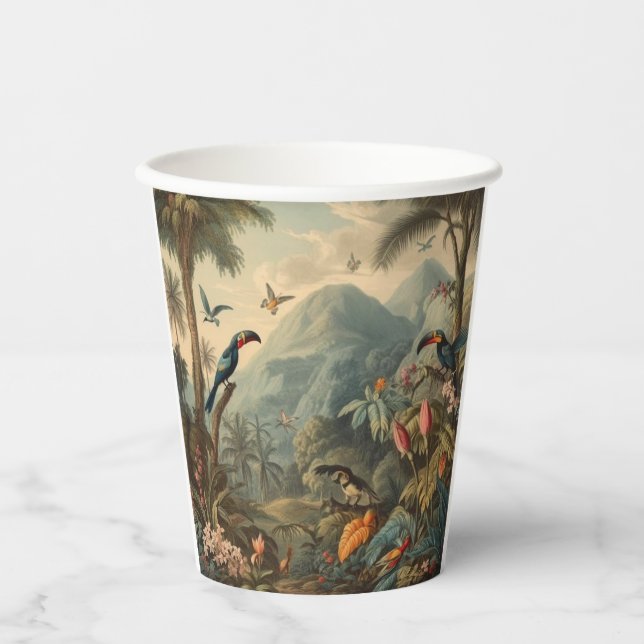 Vintage botanische Szene von Toucans und Blume Pappbecher (Vorderseite)