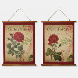 Vintage botanische Tapisserien - Rote Rose Wandteppich Mit Holzrahmen