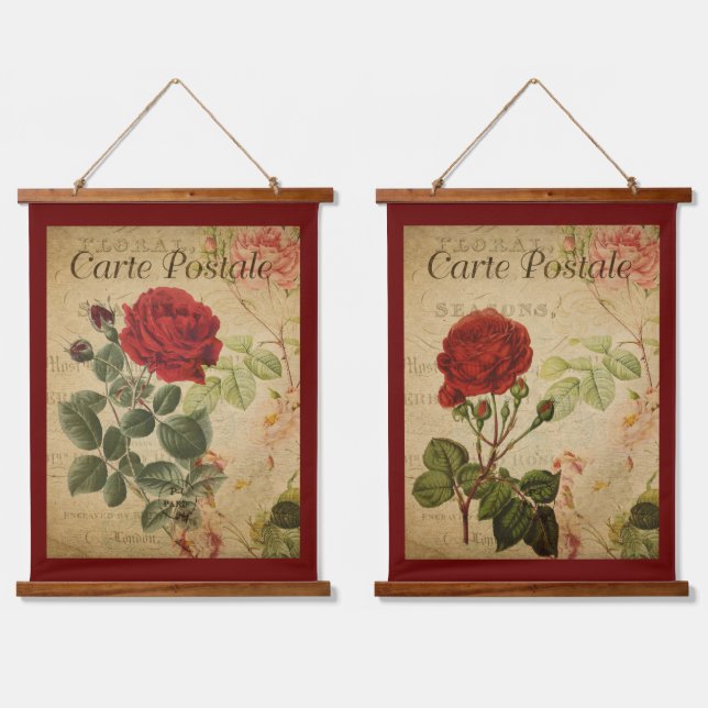 Vintage botanische Tapisserien - Rote Rose Wandteppich Mit Holzrahmen (Doppelt)