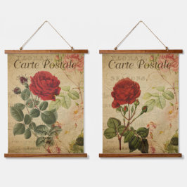 Vintage botanische Tapisserien - Rote Rose Wandteppich Mit Holzrahmen