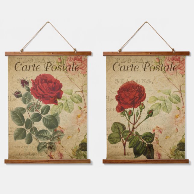 Vintage botanische Tapisserien - Rote Rose Wandteppich Mit Holzrahmen (Doppelt)