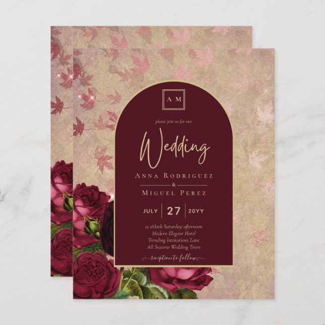 Vintage botanische tiefe Rote Rosen Hochzeitsgold (Vorne/Hinten)