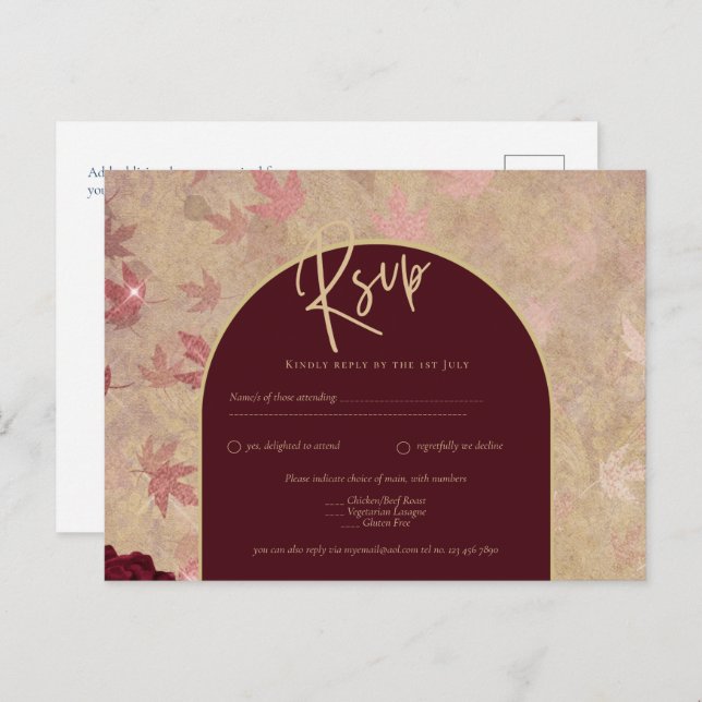 Vintage botanische tiefe Rote Rosen Hochzeitsgold Postkarte (Vorne/Hinten)