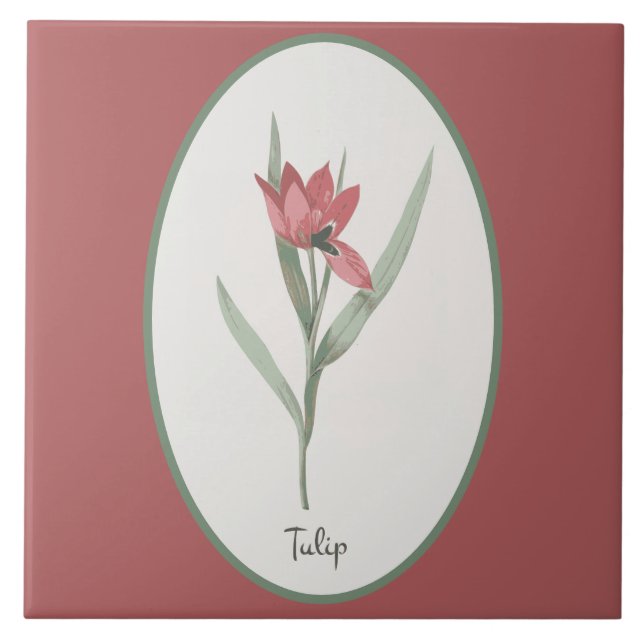 Vintage botanische Tulip Blume Cameo auf rosa Fliese (Vorderseite)