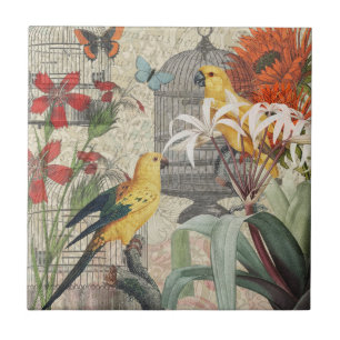 Vintage Botanische Vogel Natur Antik Tropisch  Fliese