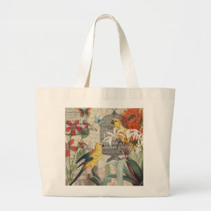 Vintage Botanische Vogel Natur Antiquität Tropisch Jumbo Stoffbeutel