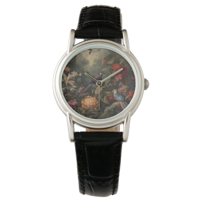 Vintage botanische Vogelarten Blume im Paradies Armbanduhr (Vorderseite)