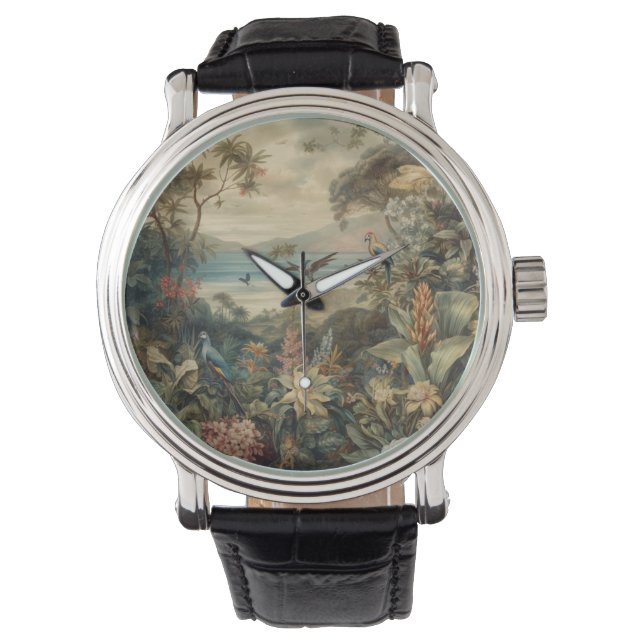 Vintage botanische Vogelarten Blume im Paradies Armbanduhr (Vorderseite)
