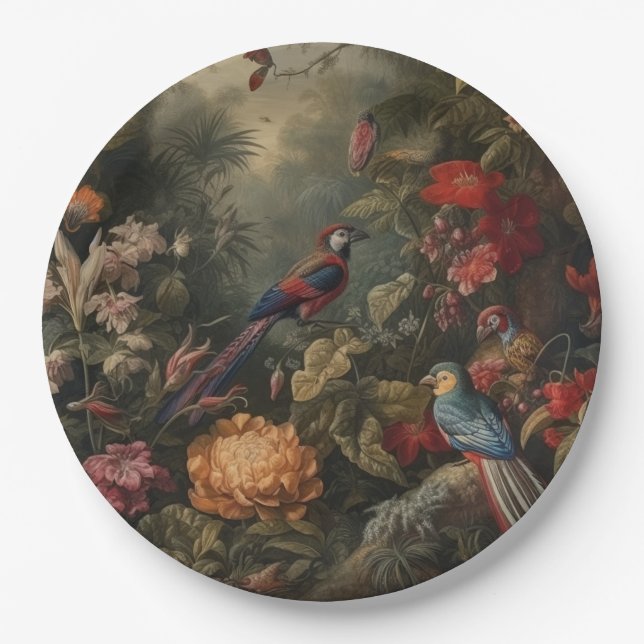 Vintage botanische Vogelarten Blume im Paradies Pappteller (Vorderseite)