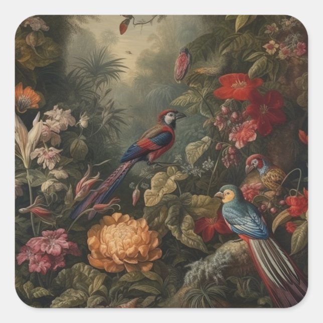Vintage botanische Vogelarten Blume im Paradies Quadratischer Aufkleber (Vorderseite)