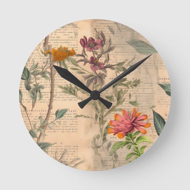 Vintage botanische Wand-Uhr Runde Wanduhr (Vorderseite)