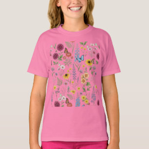 Vintage botanische Wildblumen- und Schmetterlingsm T-Shirt