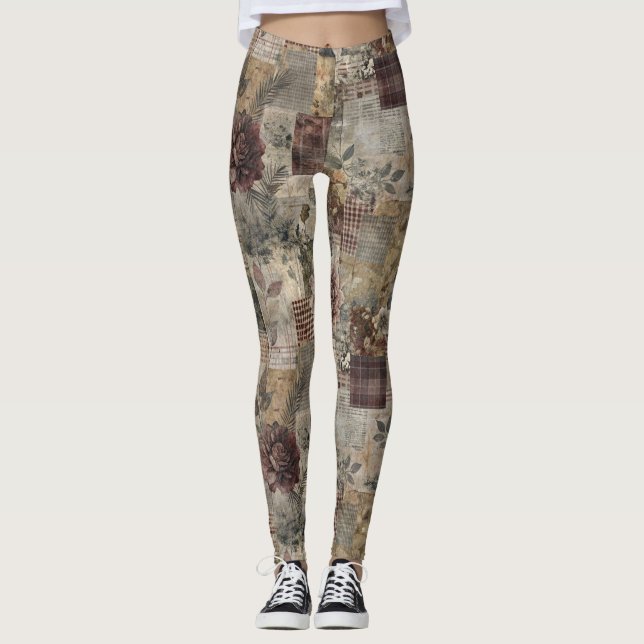 Vintage Botanischer Patchwork Rustikal (1) Leggings (Vorderseite)