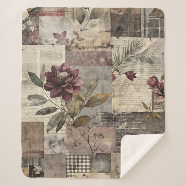 Vintage Botanischer Patchwork Rustikal (1) Sherpadecke (Vorderseite)