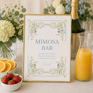 Vintage Botanisches Blaues Blumiges Mimosa-Bar-Sch Poster