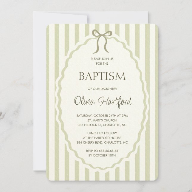 Vintage bow stripe pattern gender neutral baptism einladung (Vorderseite)