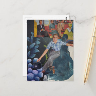 Vintage Bowling Man Mixed-Media-Collage Postkarte