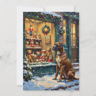 Vintage-Boxerhund am Weihnachts-Toyshop-Fenster Feiertagskarte