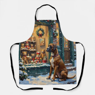 Vintage-Boxerhund am Weihnachtsfenster eines Spiel Schürze