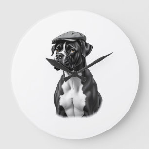 Vintage-Boxerhund in Kappe Monochrom-Grafikillustr Große Wanduhr