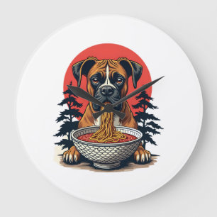 Vintage-Boxerhund isst Ramen japanischer Sonnenunt Große Wanduhr