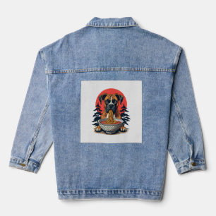 Vintage-Boxerhund isst Ramen japanischer Sonnenunt Jeansjacke