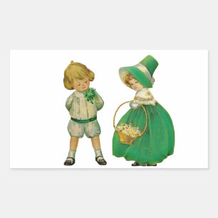 Vintage boy and girl children green St Patrick Rechteckiger Aufkleber