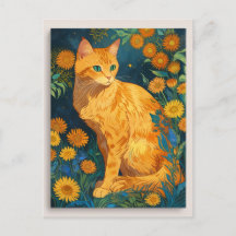 Vintage braune Katze Botanik Blau Porträt Van Gogh