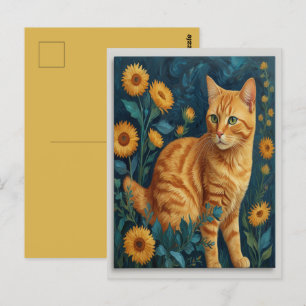 Vintage braune Katze Botanik Blau Porträt Van Gogh Postkarte