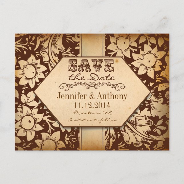 Vintage, braune Save the Date Postkarten (Vorderseite)