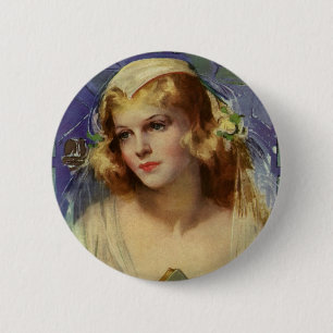 Vintage Braut, die eine Bibel hält, religiöse Hoch Button