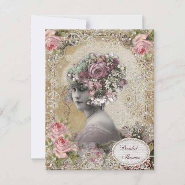 Vintage Braut mit Jewels & Blume Brautparty Einladung (Vorderseite)