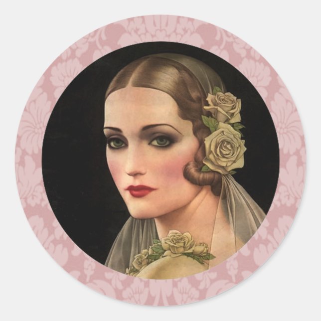 Vintage Braut mit Rose Runder Aufkleber (Vorderseite)