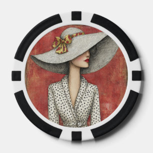 Vintage breitkrempiger Sonnenhut Dame auf Rot Pokerchips