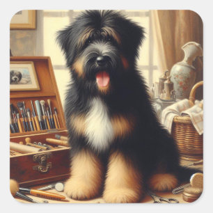 Vintage-Briard-Hunde-Gemälde Quadratischer Aufkleber
