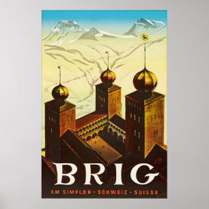 Vintage Brig Schweiz Reiseplakat Valais Alpen Poster