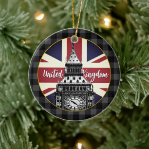 Vintage britische Flagge, Big Ben, Buffalo-Karo UK Keramik Ornament